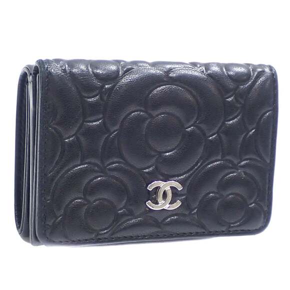 CHANEL Authentic Black Lambskin Leather Logo Wallet